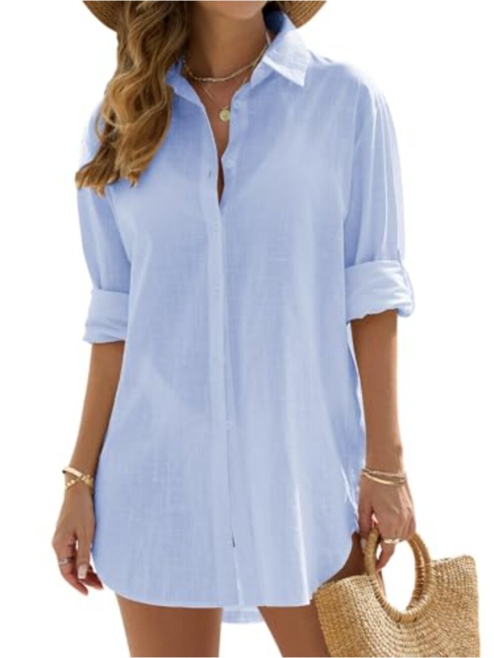 Women's 100% Cotton Button Down Shirt Cover Up Long Sleeve Casual Beach Blouse